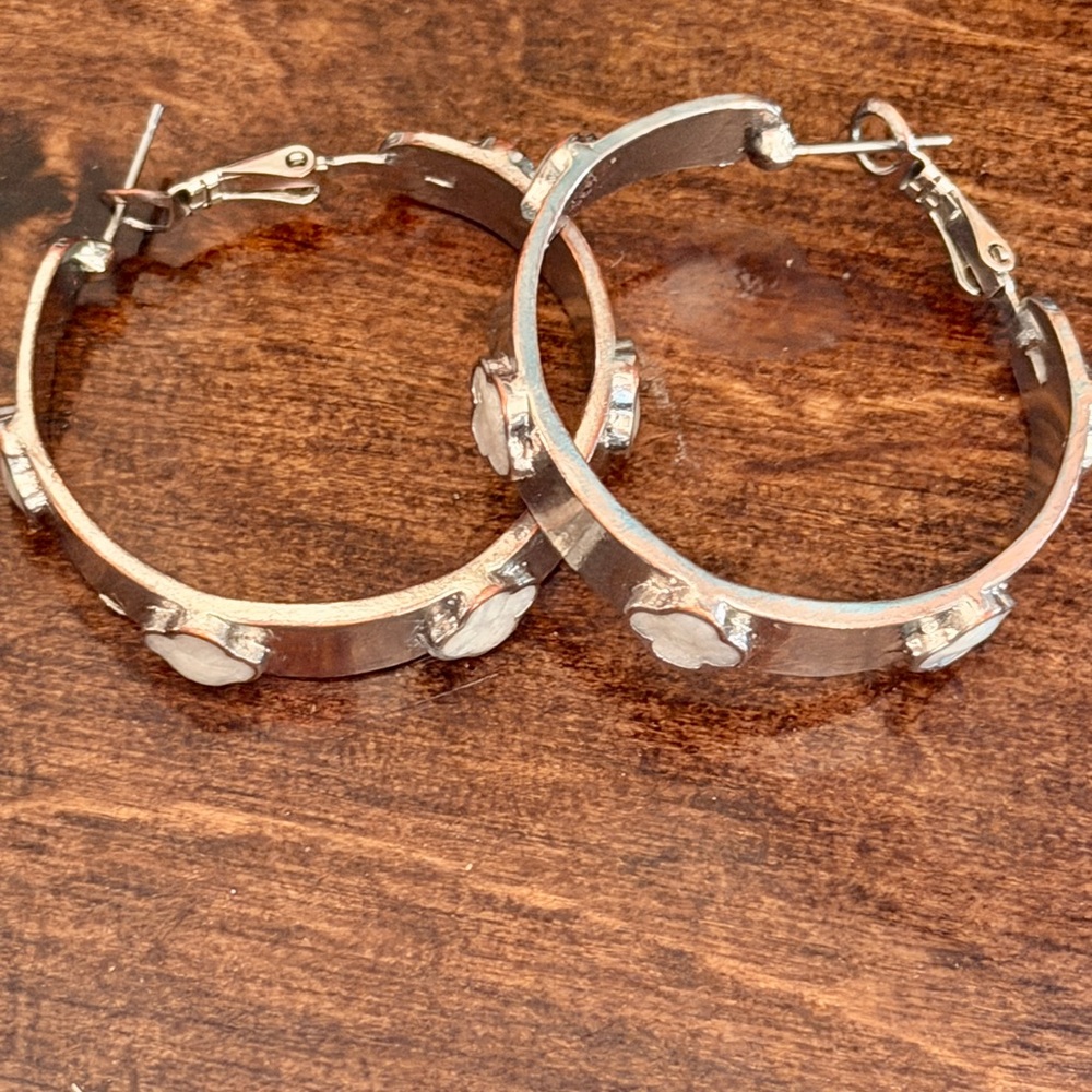 Silver Hoop Earrings with White Floral Accents - Women Jewelry solid silver